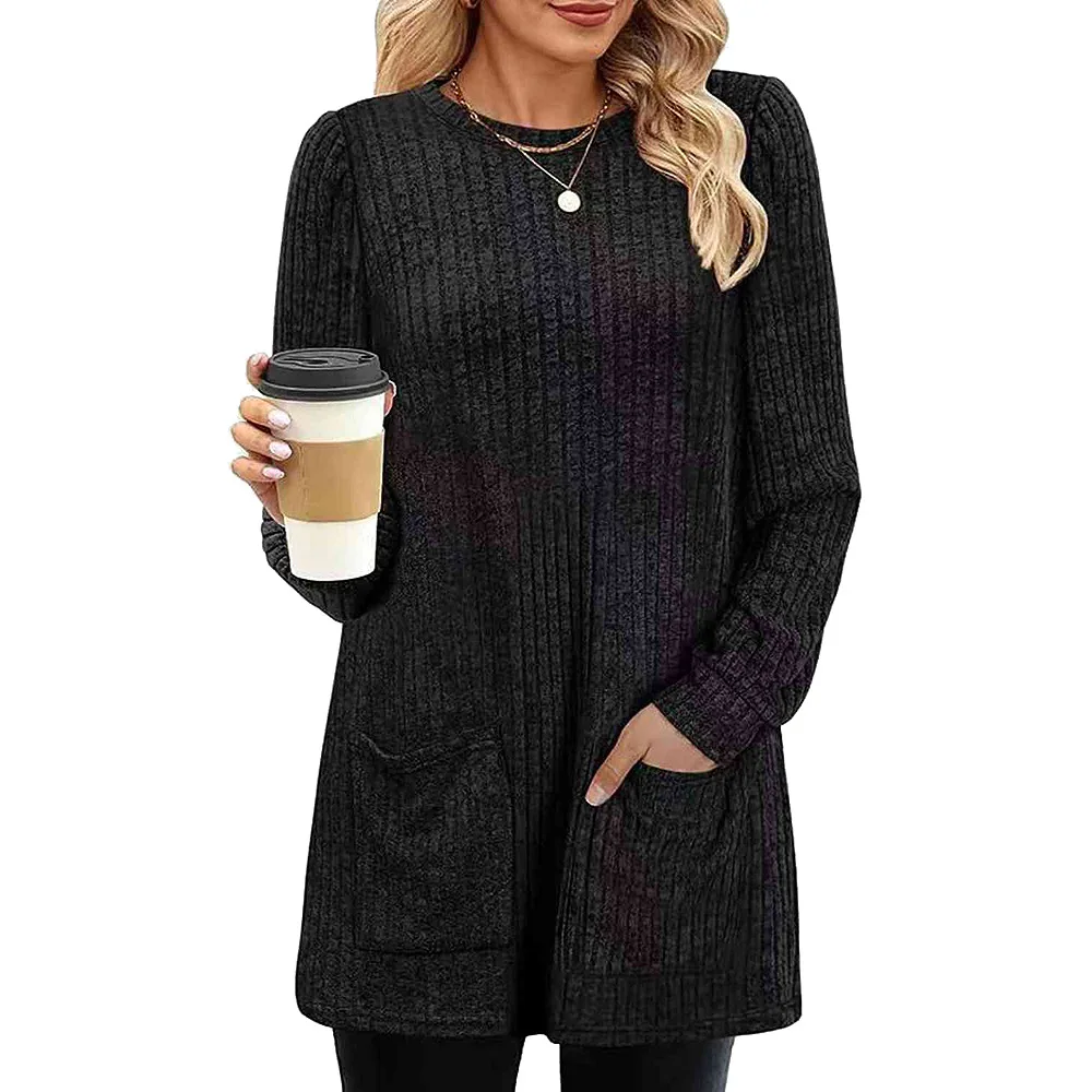 2024 Europe and the United States Autumn and winter new mid-length sweater pit strip solid color pocket gown woman