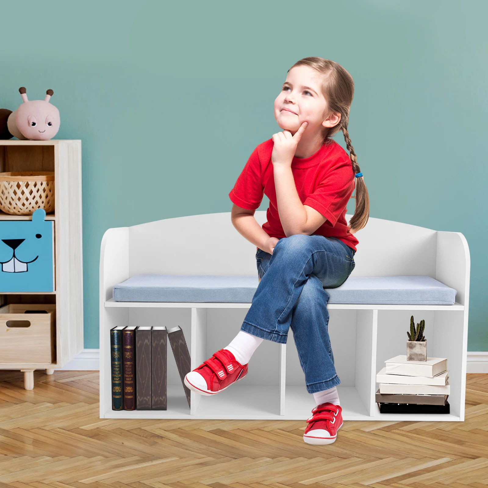 Kids Book Display Case with Soft Cushion, Storage Bench with Book Rack, Low Square Book Cabinet for Living Room Bedroom Decor 3