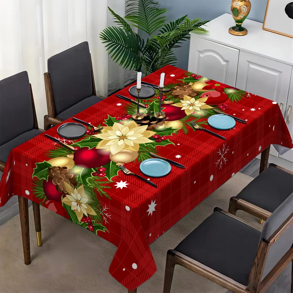 Description Picture 4 of itemChristmas Poinsettia Pine Needle Bell Rectangle Tablecloth Party Decor Reusable Waterproof Tablecloth Christmas Decorations