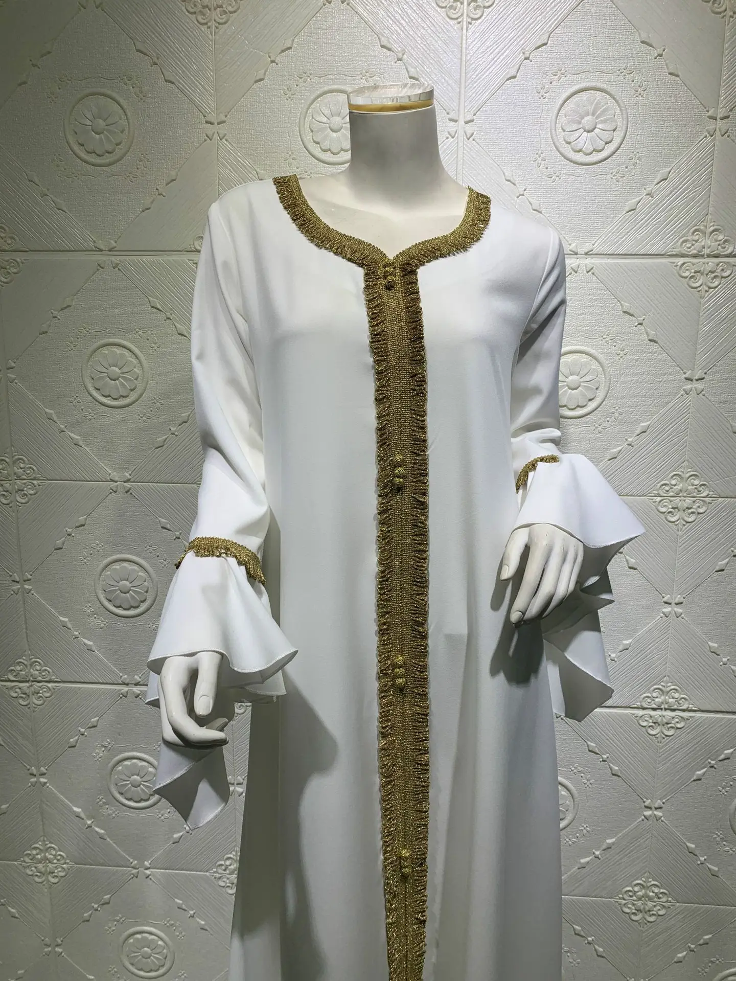 Eid Mubarak Kaftan Dubai Abaya Turkey Muslim Ruffle Sleeve V-Neck Gold Tape Long Dress Women's Jalabiyat Ramadan