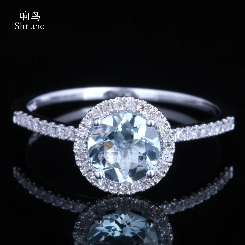 

Shruno Round 6mm Genuine Aquamarine Women Ring Solid 10K White Gold Halo Diamonds Engagement Wedding Ring Gemstone Fine Jewelry