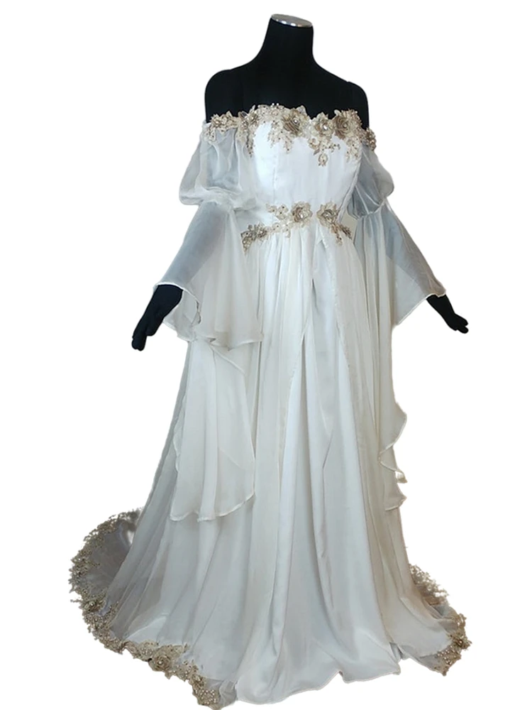 Fantasy A Line White Wedding Dress Flare Long Sleeve Corset Medieval ...