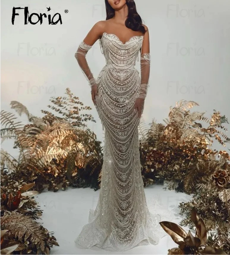 

Роскошное кружевное вечернее платье с аппликацией и длинным рукавом, платья невесты цвета Дубаи и слоновой кости с жемчугом Aso Ebi, Формальные Свадебные платья, индивидуальный пошив