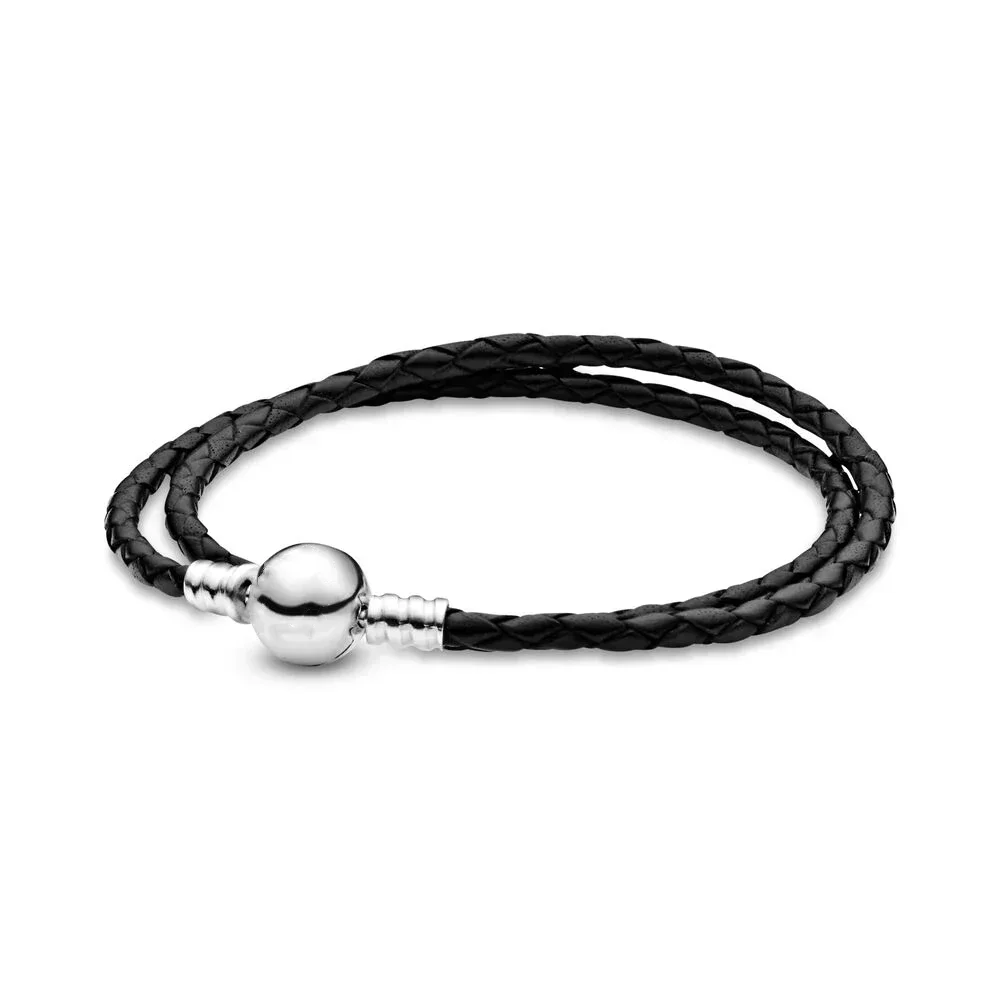 Pulsera Con Hebilla Redonda De Cuero De Vaca, Charms De Plata 100% 925 Autetntica, Pan Negro, Doble Cinirculo