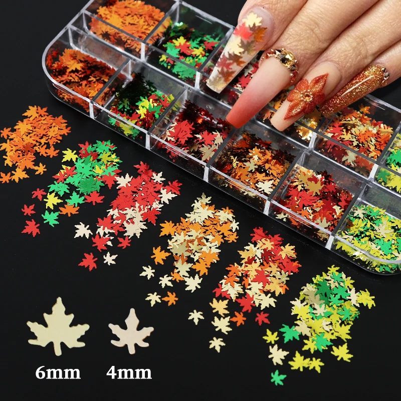 

12 Grids 4MM/6MM Mixed Maple Leaves Nail Glitter Sequins Fallen Leaf Flakes DIY Autumn Nail Art Decoration Paillette Accessories