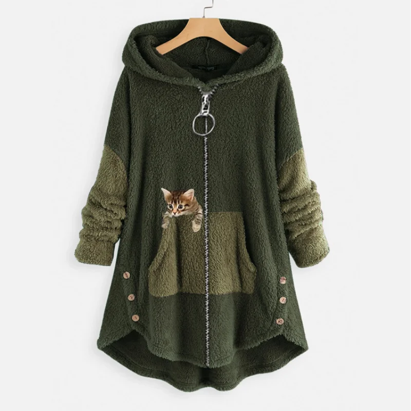 

New Winter Jacket Women Clothing Zip Sweatshirt Casual Loose Warm Mid Length Coats Wholesale Korean Fashion Harajuku Retro