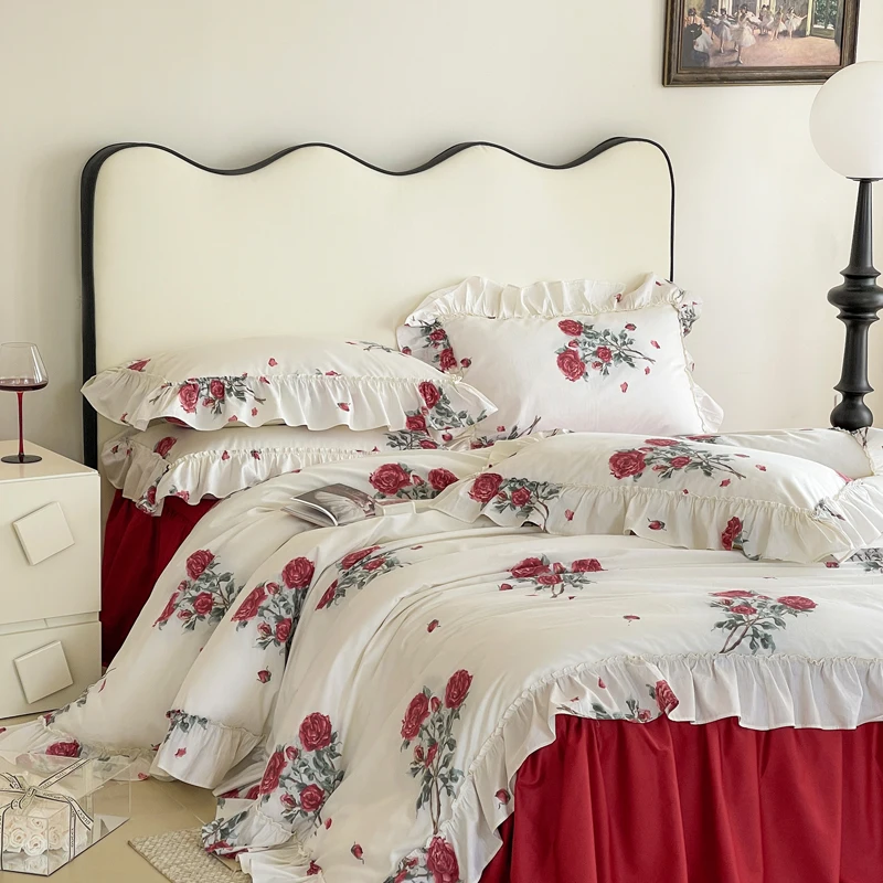 

Семейные комплекты постельного белья, роскошный белый пододеяльник принцессы с оборками, покрывало, юбка/простыня, наволочки, 100% хлопок