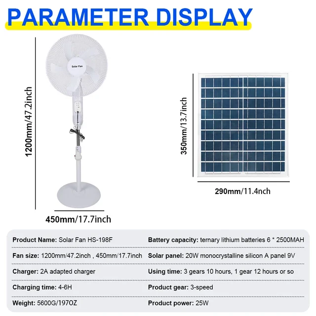 Ventilatore da pavimento solare Ventilatore ricaricabile Pannello da 25 W Carie 5 ore Temporizzazione 12 ore Telecomando e display a LED Ventola di emergenza per interruzione di corrente 2