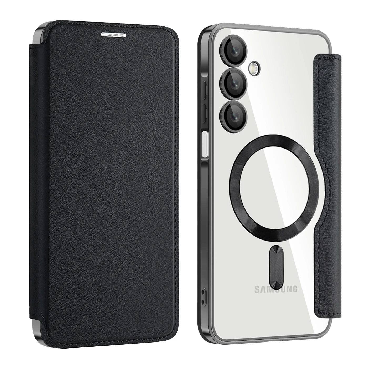 Premium Flip Magnetic Leather Case with Wireless Charging & Transparent Card Slot