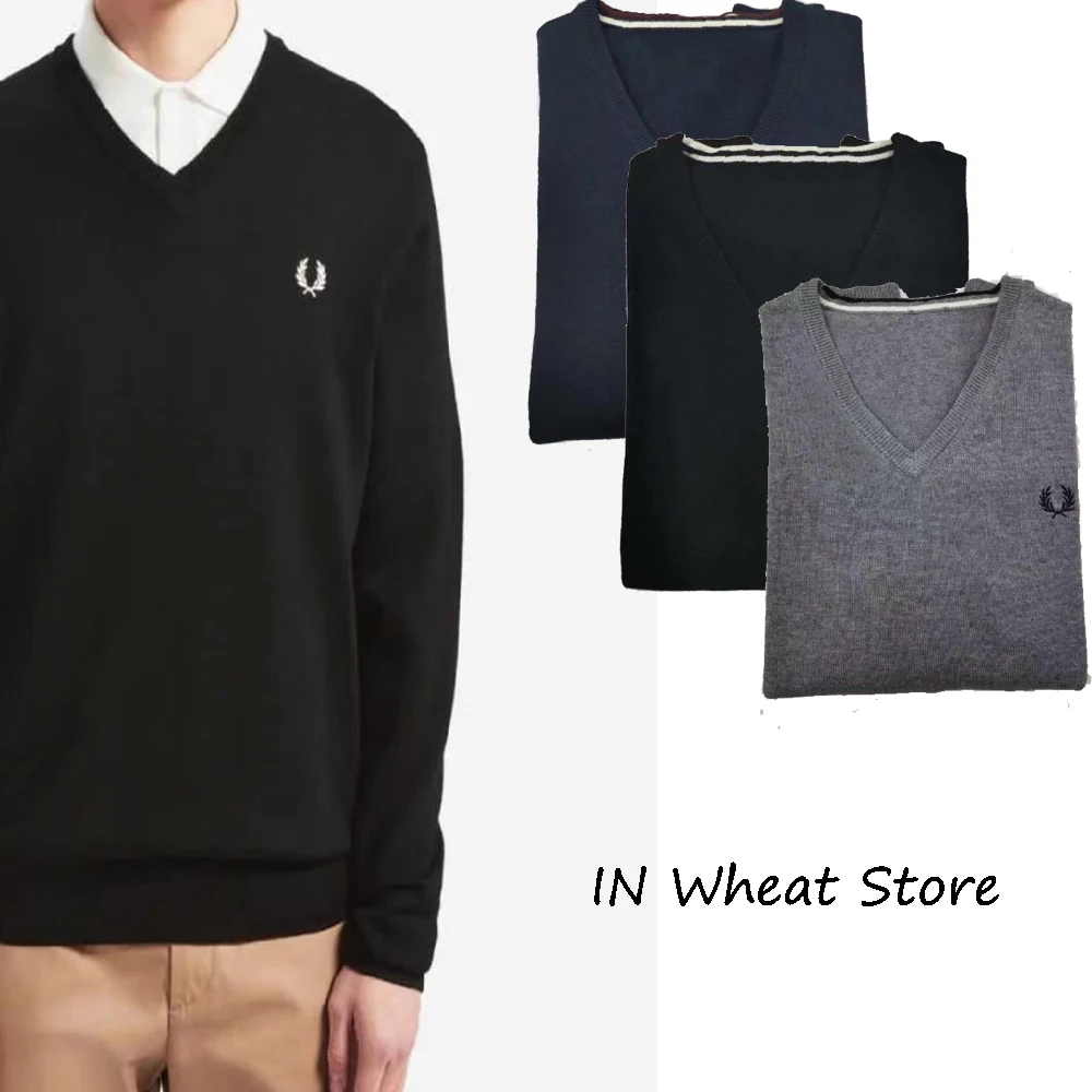 

Spring and Autumn New Wheat Embroidery V-neck Pure Cotton Long Sleeve Casual Solid Color Knitted Pullover Sweater