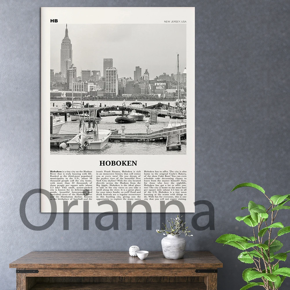 

Hoboken Art Prints Black and White Boats,Hoboken Wall Art Retro Poster, Hoboken Décor,New Jersey Home Decoration Canvas Painting