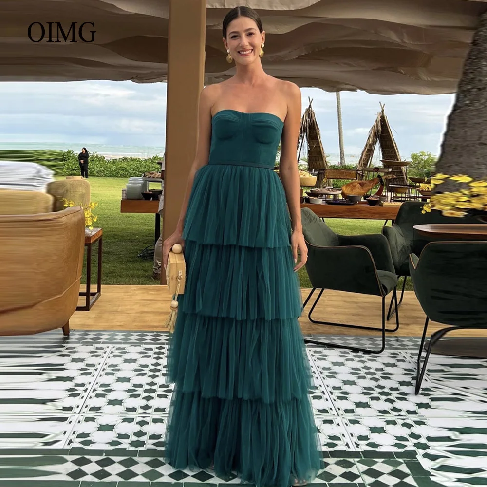 

OIMG Dark Green Tulle Layered Skirt A Line Evening Dress Sweetheart Tiered Vintage Women Formal Dress Long Prom Gowns