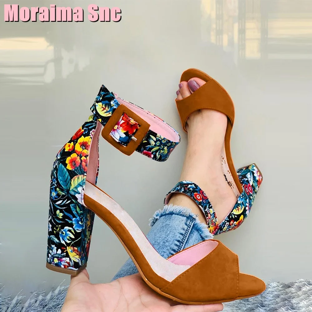 

Suede Vintage Print Peep Toe Sandals Belt Buckle Ankle Strap Block Chunky Heel Women Shoes Summer Fashion Mixed Colors Casual