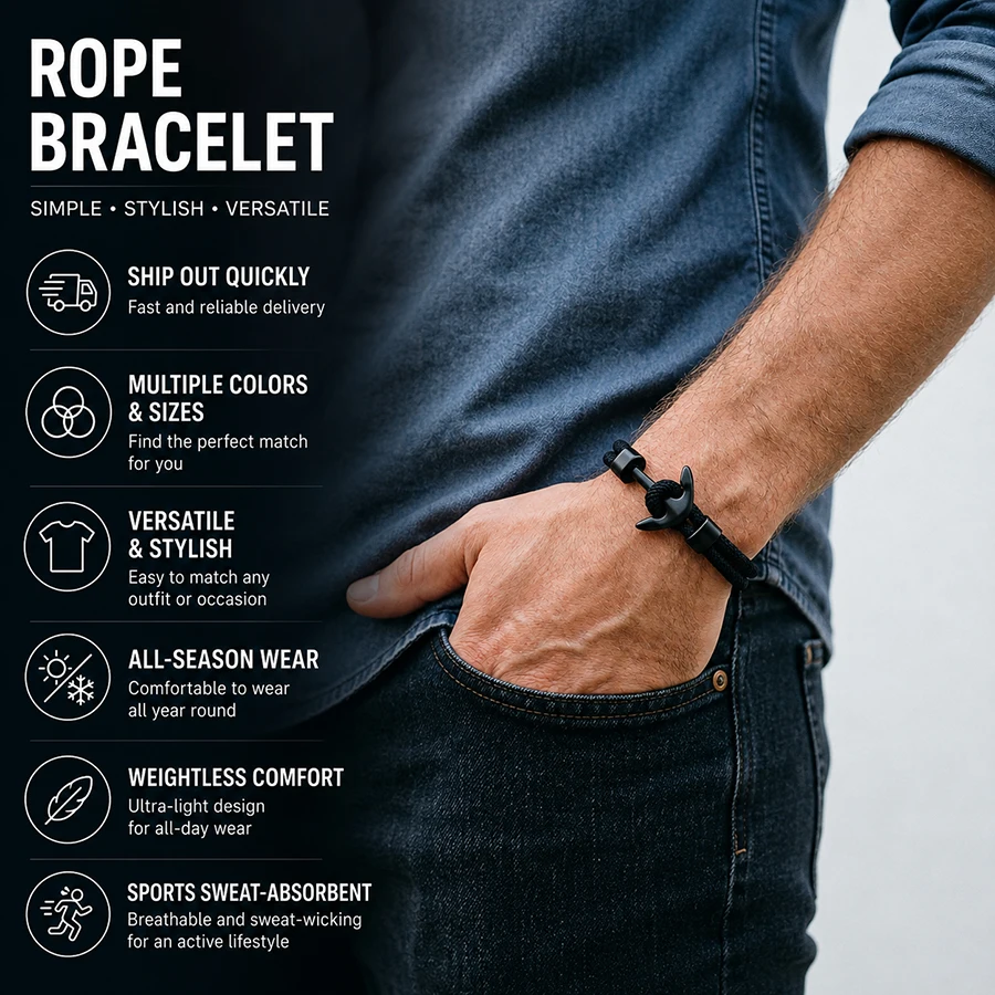 Handcrafted Men's Nautical Anchor Bracelet with Premium 4mm Rope - Available in Various Colors and Sizes