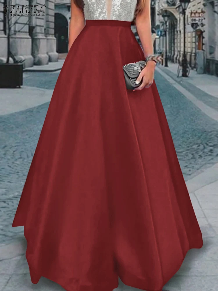 2025 ZANZEA Fashion Elegant Party Skirts Spring Summer Satin Skirt Women High Waist A-line Work Vestidos Jupe Solid Faldas Saia 2