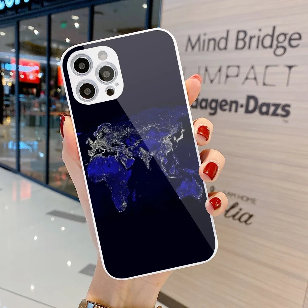 

Earth Dark Map Mobile Cell Phone Case for iPhone 15 14 13 12 11 Pro Max X XR XS 8 7 Plus Liquid Glass Phone Cover Funda