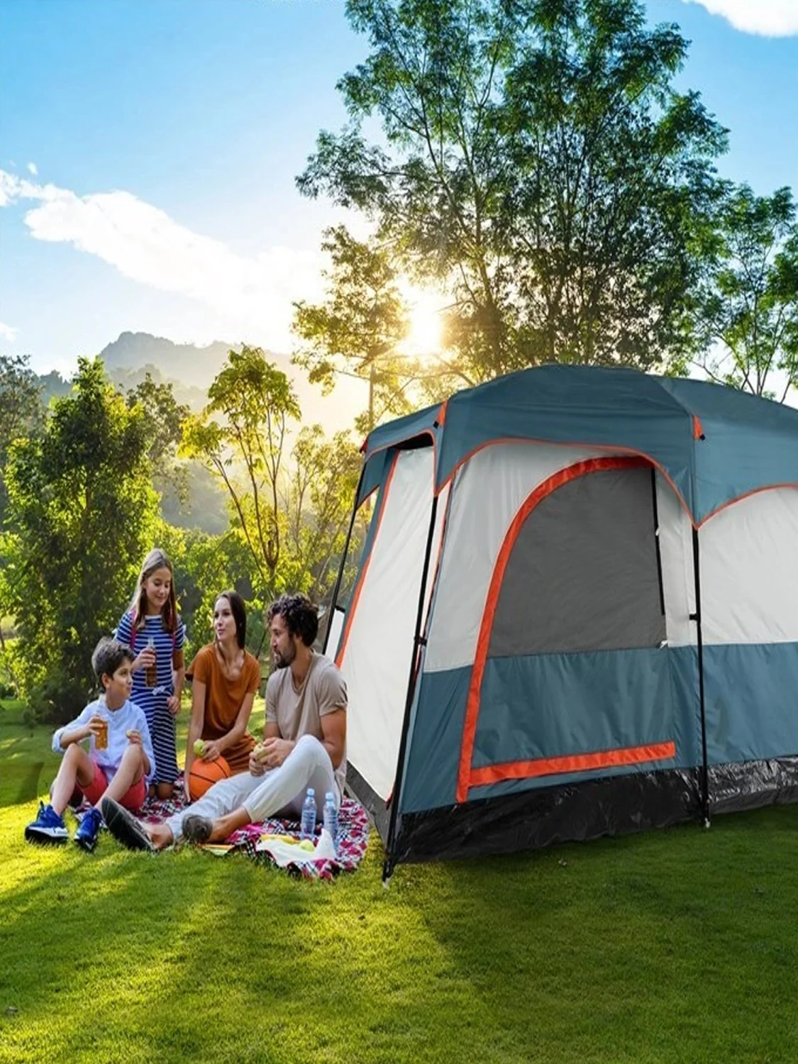 Zelt für 4–6 Personen, Campingzelt mit Markise und 2-Raumteiler, großes Tunnelzelt mit eingenähtem Zeltboden, wasserdicht – Detail 1