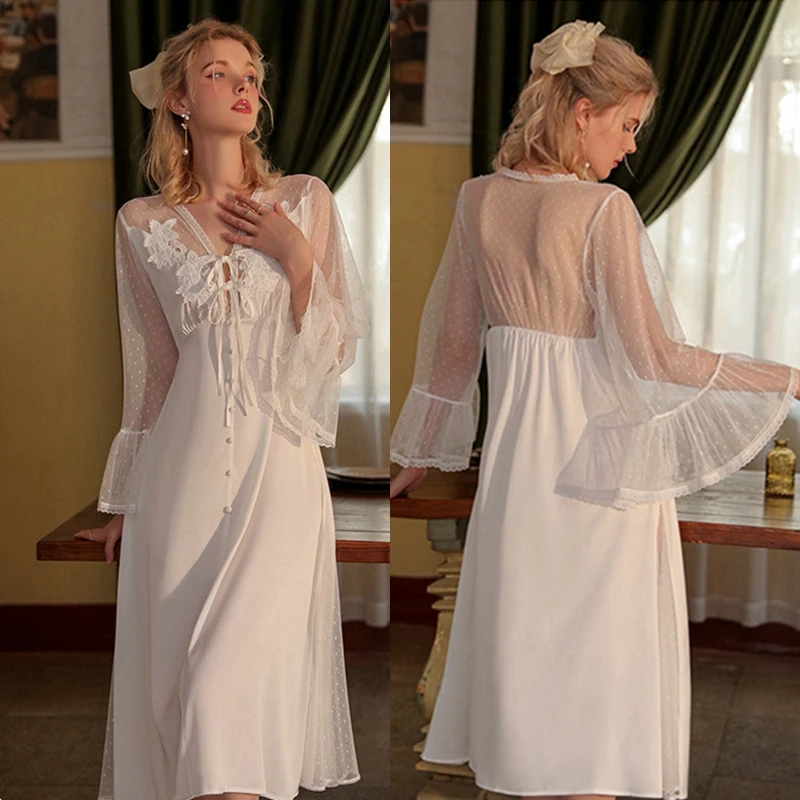 

Sweet Women's Nightgowns Pajamas Long Sleeve Sexy Sleepwear Wedding Dresses Autumn Silk Party Night Dress Female Loose Nightwear