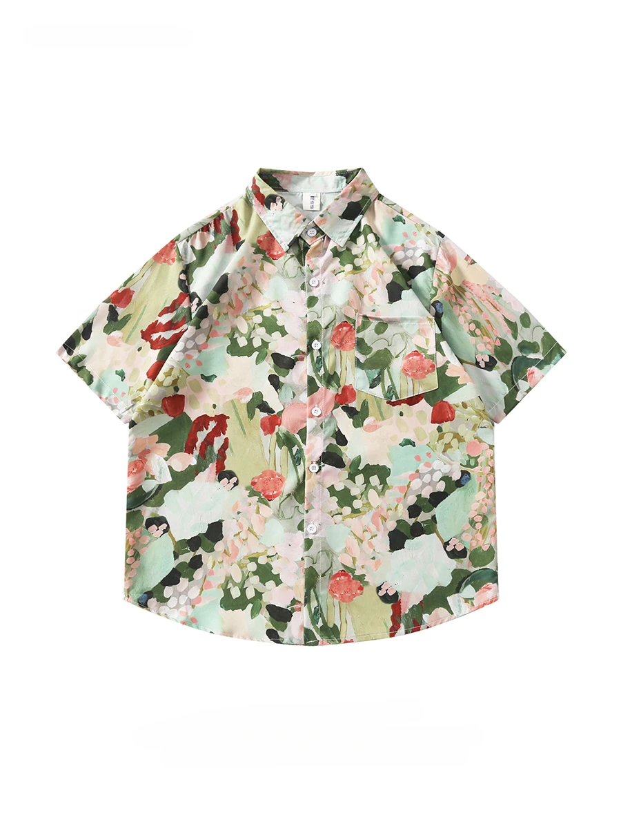 

Men's American Retro Oil Paint Flower All Over Printed Shirts Trendy Brand High-end Casual Loose Lapel Short-sleeved Blouse Tops