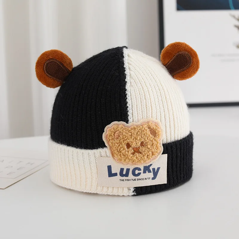 Winter Baby Cartoon Beanie Cap Kids Cute Bear Ear Ear Protection Knitted Hat Boy Girls Warm Woolen Pullover Beanies Children