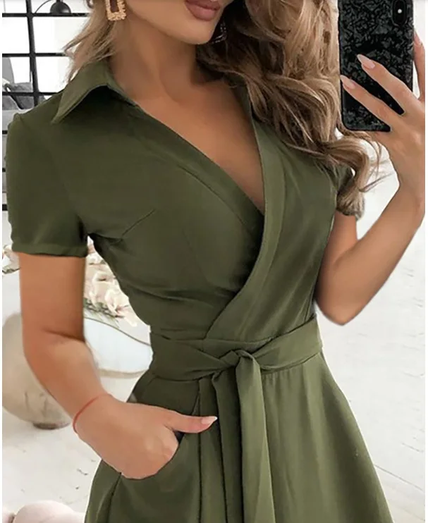 Solid Colour High Waist Slim V-Neck Short-Sleeved Dress