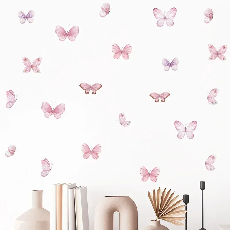 17Pcs Watercolor Soft Pink Flying Butterflies Pattern Wall Stickers for Kids Room Baby Nursery Room Girl Room Wall Decals Decor
