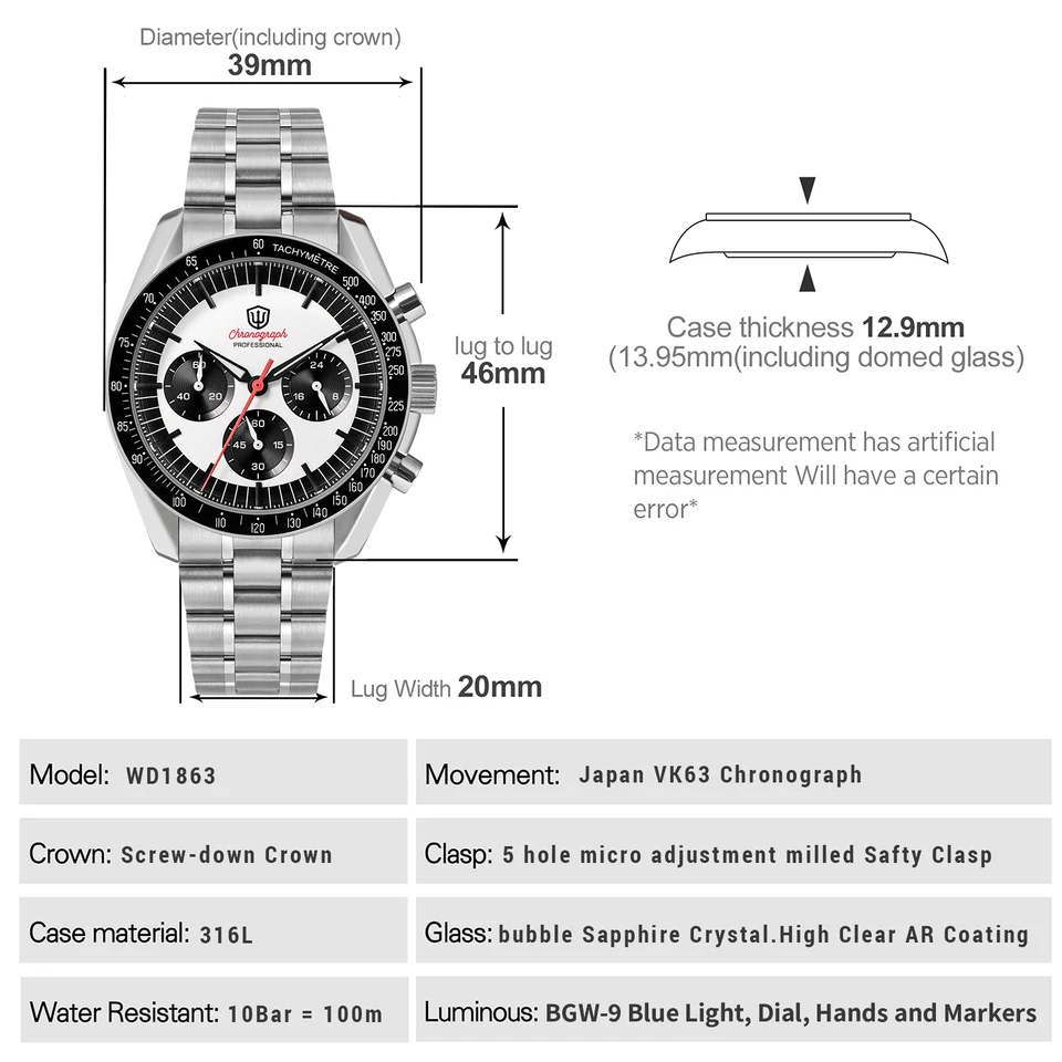 Watchdives WD1863 Chronograph Watch VK63 Sweep Second Mechanical
