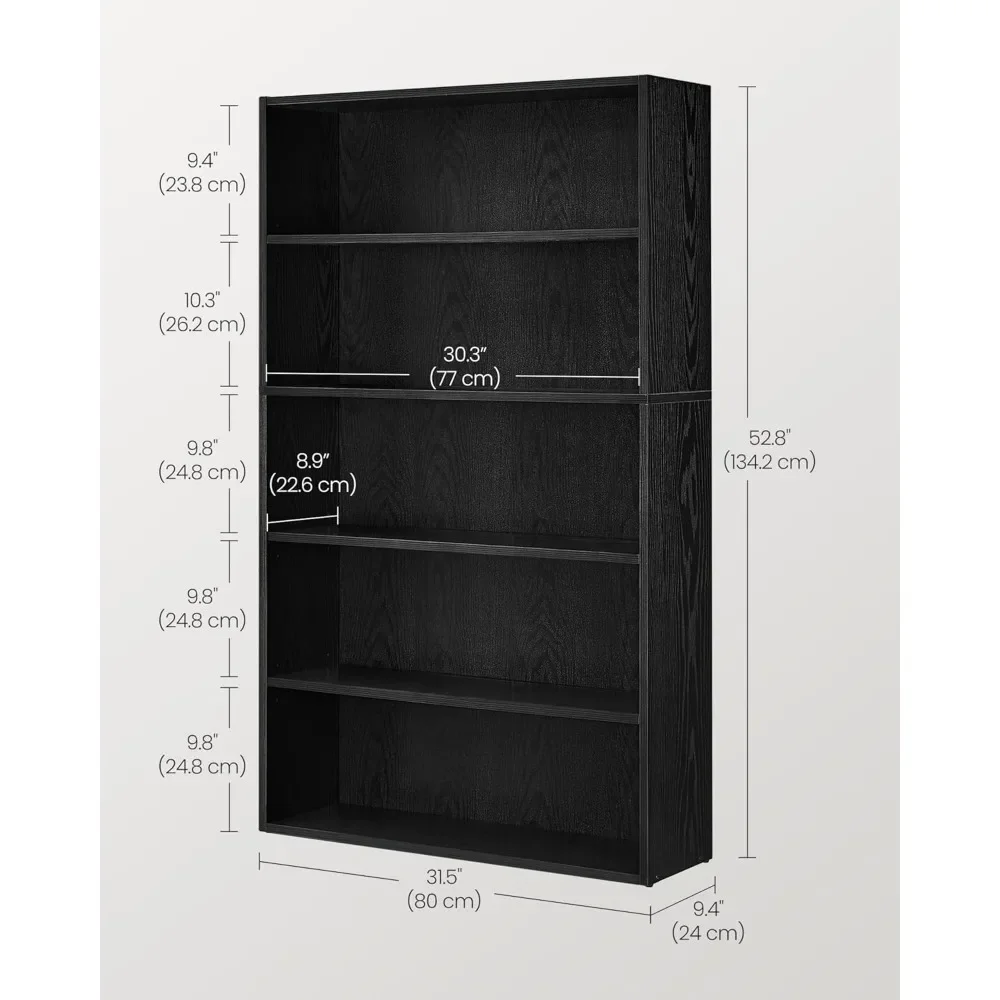 Bookshelf, 31.5 Inches Wide, 5-Tier Open Bookcase with Adjustable Storage Shelves, Floor Standing Unit, Ebony Black Bookshelf 3