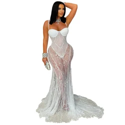 Elegant Women's Sheer Lace Maxi Dress - Sexy Sling Straps for Parties and Celebrations (White)