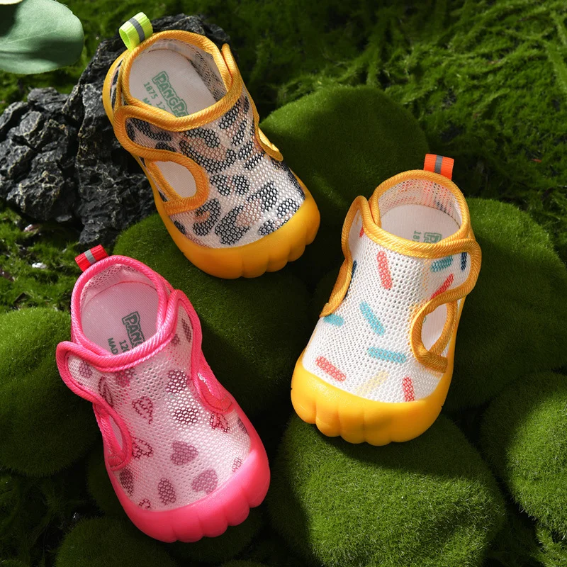 

New 1-3Y baby summer shoes Mesh soft TPR sole baby sandals yellow pink Leopard first step shoes for toddlers baby casual shoes