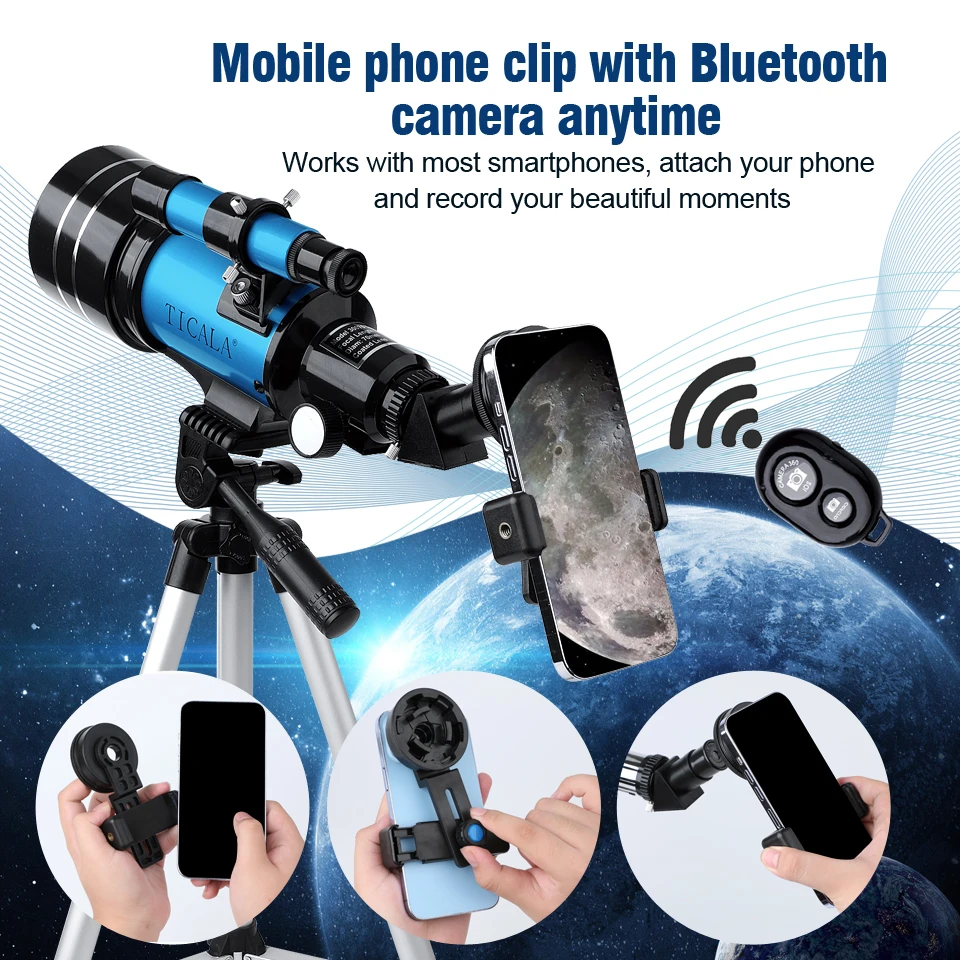 S8e9759f2279944618d6569dfda5f101fq TICALA 150X teleskop astronomiczny dla dzieci 70mm refraktor teleskopy dla początkujących astronomii z kamera Bluetooth uchwytem na telefon