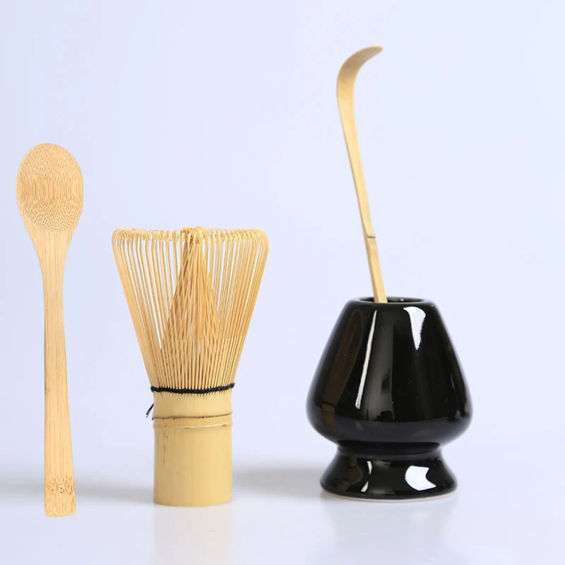 4Pcs Bamboo Tea Brewing Tea Spoon Matcha Whisk Chasen Holder Set Ceramic Matcha Stand Bowl Handmade Making Tools