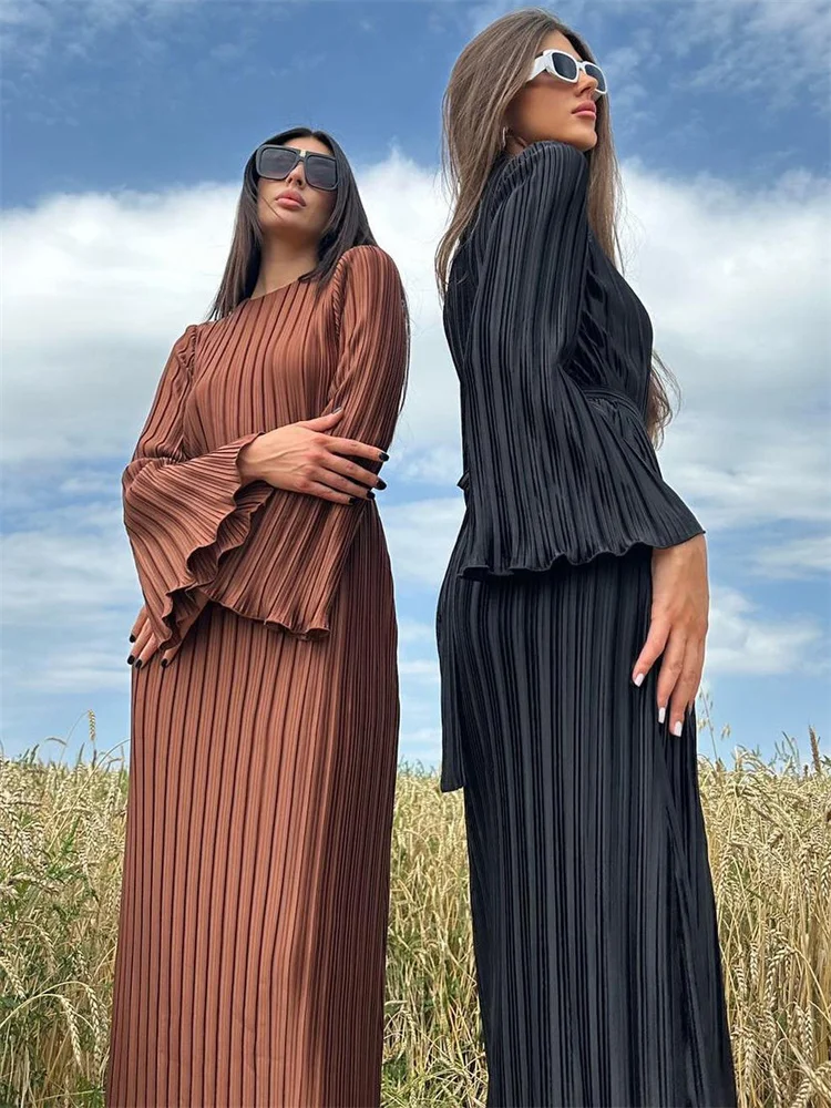Vestido largo acanalado con volantes y cordones para mujer, manga larga, cintura alta, elegante, para fiesta, otoño, estilo vendaje
