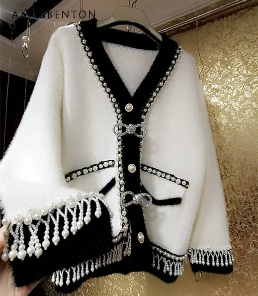 

Модный Плотный белый кардиган с бусинами и жемчужинами и бахромой, зимний облегающий кардиган с V-образным вырезом, укороченный топ, теплый женский кардиган с подкладкой