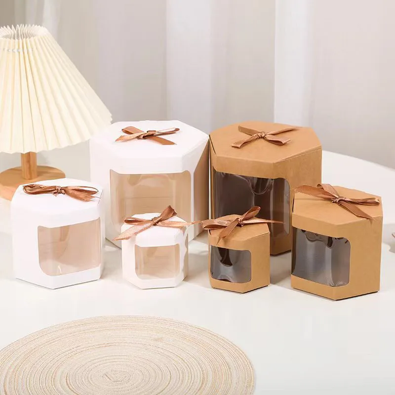 Description Picture 3 of item12PCs Kraft Paper Ribbon Candy Cookies Box Transparent Window Brown Handmade Gift Packaging Boxes Wedding Party Favor Gifts Bags