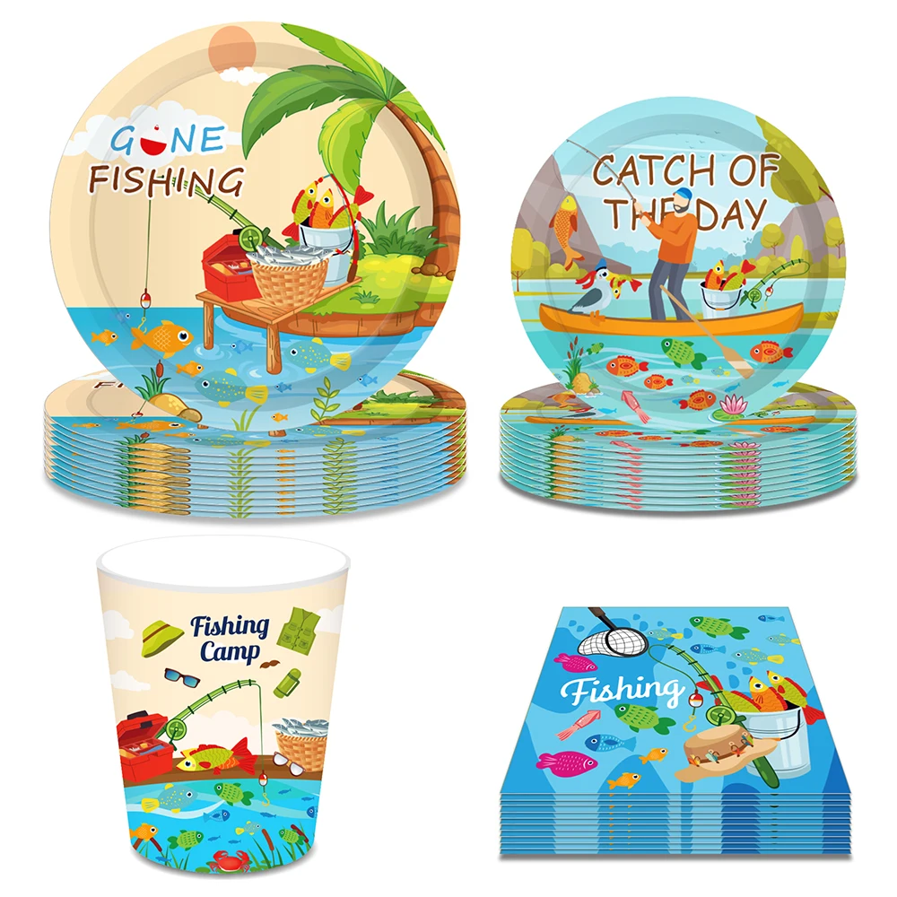 

Gone Fishing Camp Theme Party Disposable Tableware Plates Napkins Cups Sets Go Angling Baby Shower Birthday Party Dish Supplies