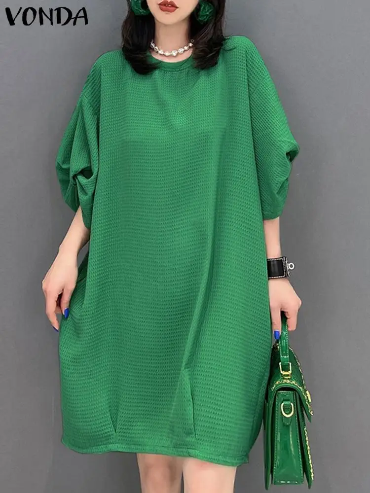 

Women Office Dress 2023 VONDA Elegant Summer Sundress Bohemian Solid Color Fashion Lantern Sleeve Dress Casual Blusas Oversized