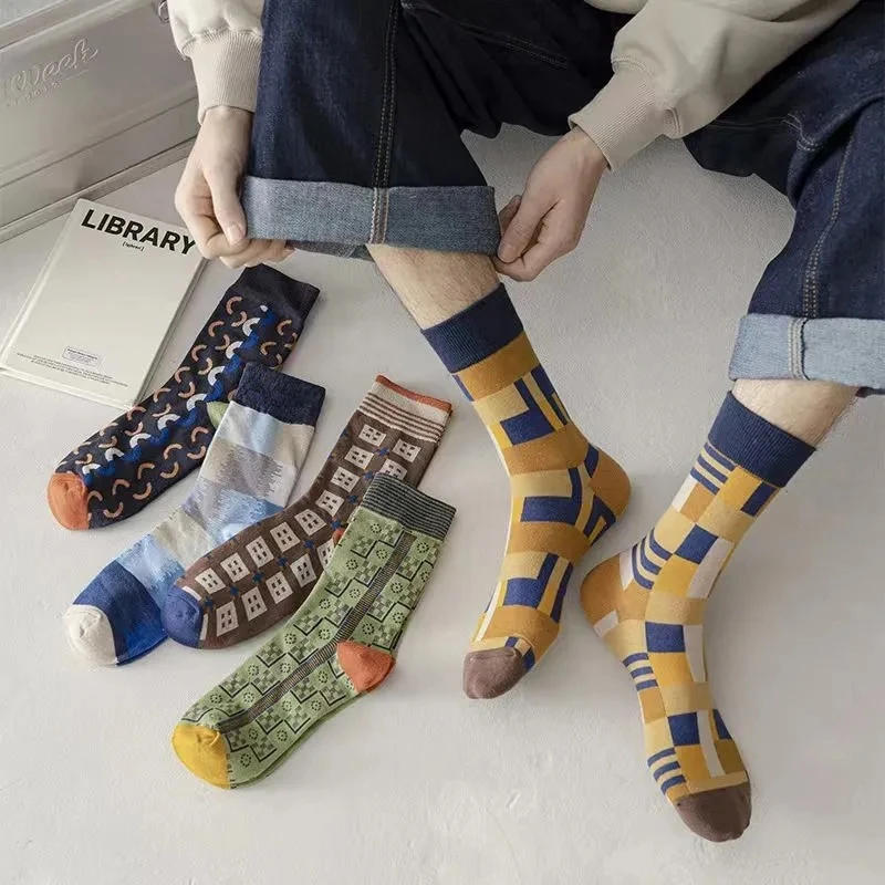 

Autumn Winter Men Soft Solid Versatile Striped Plaid Irregular Floral Casual Simple Comfortable Cotton Warm Boy High Socks 5Pcs