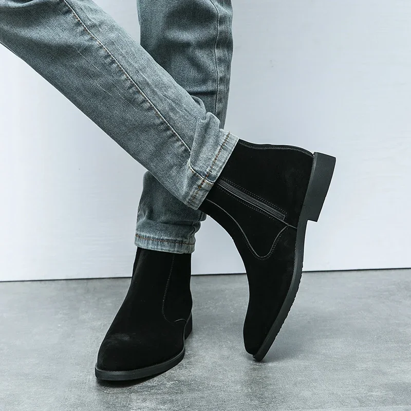 Men Fashion Chelsea Boots Reversed Fleece Leather High Top Side Zipper European and American Style Black Brown 38-46 Male Boots