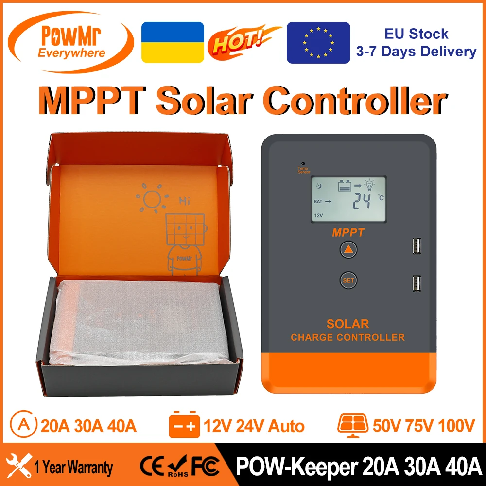 

PowMr MPPT Solar Charger Controller 20A 30A 40A 12V 24V LCD Display Fit for Powerbank AGM Gel Flooded lifepo4 Battery Charger