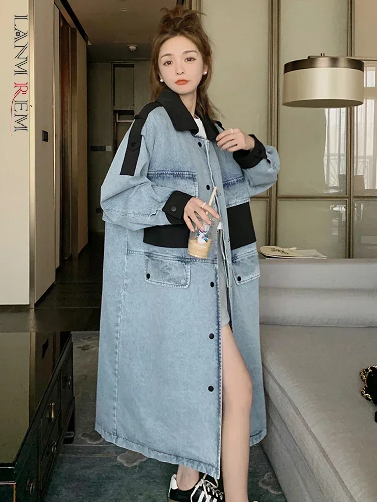 

2023 Autumn/Winter New Contrast Panel Denim Wear Casual Cool Girl Women's Polo Pocket Single Breasted Long Trench Coat