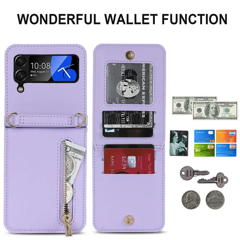 For Funda Samsung Galaxy Z Flip 6 5 4 3 Case Luxury Card Slot Phone Holder Zipper Wallet Crossbody Cover Folding Case Coque_voghion.com