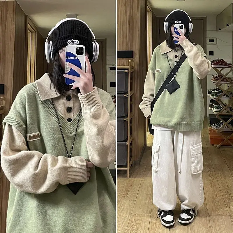 여성용 폴로 칼라 가짜 2 피스 니트 셔츠, 느슨한 풀오버, 레이지 스웨터, 용수철 및 가을 탑 의류, 미국 신상