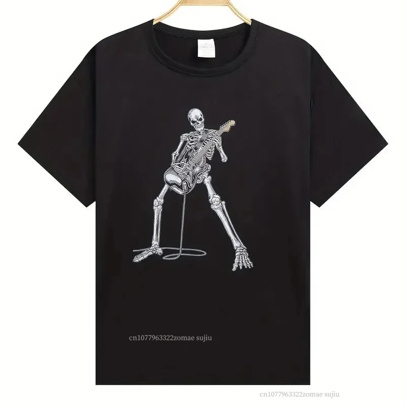 

Happy Skeleton Guitar Guy Men's Short Sleeve Crew Neck Cotton T-Shirt Casual Men's Tee Outfits Summer HIP Hop Clothing