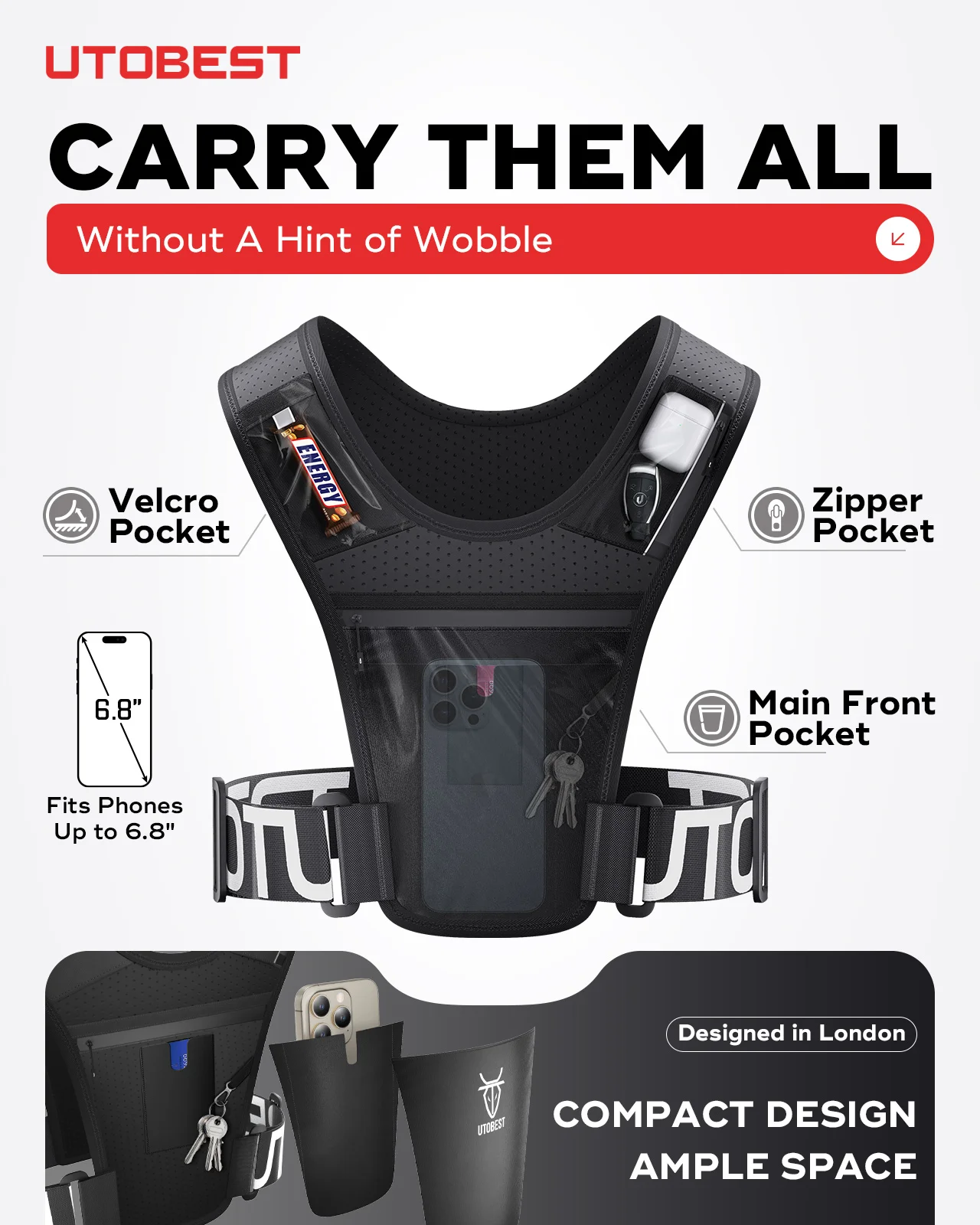 UTOBEST UTR111 Lightweight Running Vest with Led Light Mobile Phone Bag for Training 2