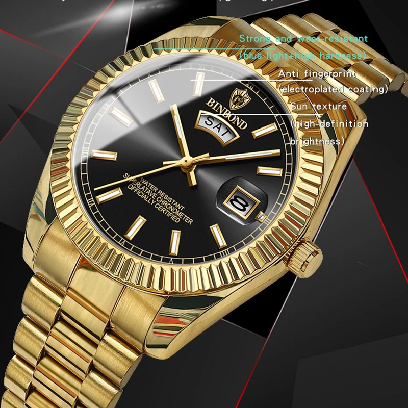 BINBOND Luxury Watch For Man Waterproof Luminous Date Week Stainless Steel Men Watch Casual Quartz Men's Watches Male Clock+box 5