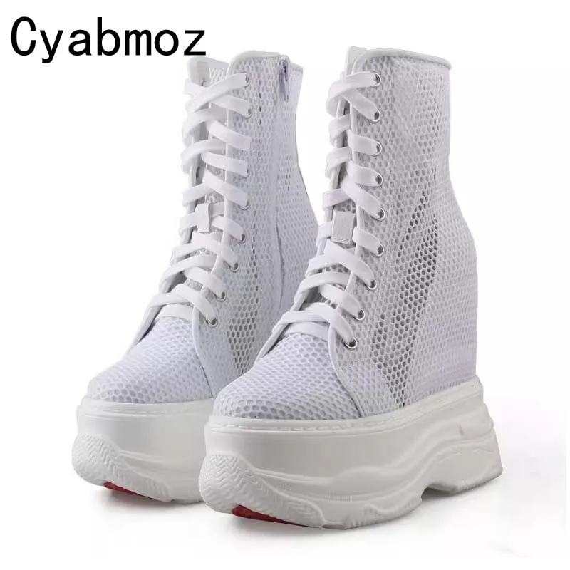 

women high top summer boots breathable mesh casual shoes thick soled platform height increasing 14 cm wedges booties ladies shoe