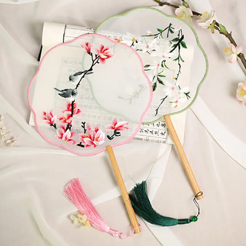 Double-Sided Embroidered Palace Fan, Eight-petal Round Fan, Beech Long Handle Silk, Pure Hand, Home Decor, Hanfu