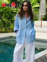 White Women's Linen Shirt Long Sleeve Elegant Pink Oversize Blouse Vintage Spring Basic Top Collar Cotton Linen Shirt for Women - Image 4
