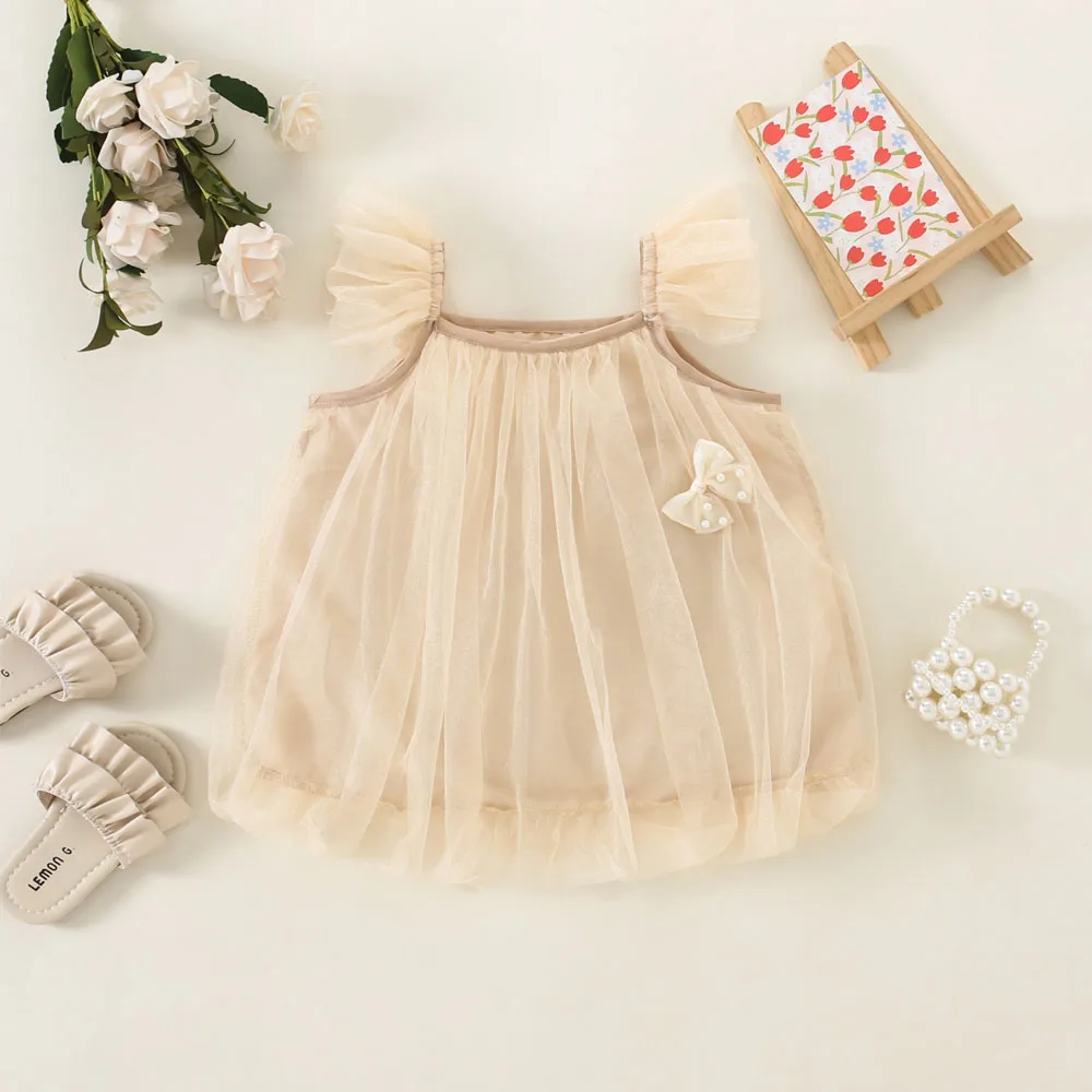 

Summer New Baby Girls Dress Suspenders Small Flying Sleeve Shaggy Skirt Gauze Solid Color Bow Pearl Decorative Pleated Suspender